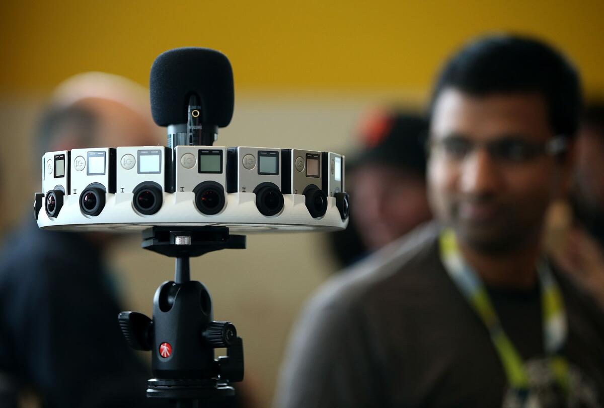 A rig at the annual annual Google I/O developer conference holds 16 GoPro cameras designed for capturing 360-degree videos. GoPro is among a number of hardware companies to have grown large in recent years.