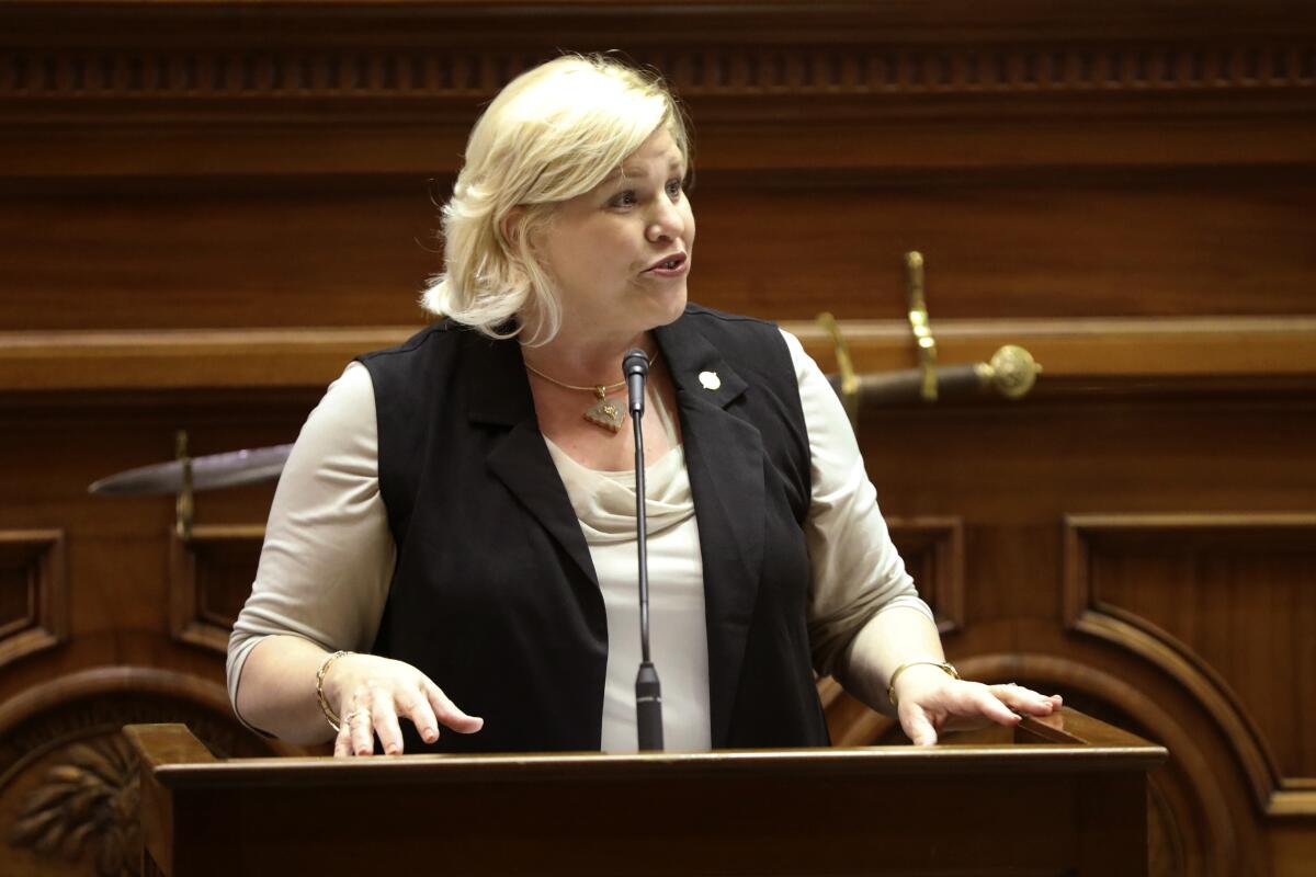 Republican South Carolina Sen. Penry Gustafson speaks about a bill banning abortion on the Senate floor on Wednesday, Sept. 7, 2022, in Columbia, S.C. (AP Photo/Jeffrey Collins)