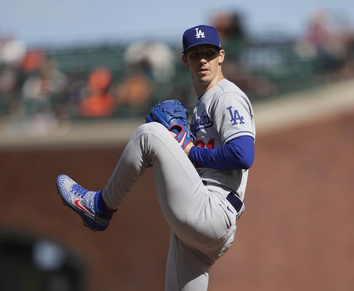 Dodgers starter Walker Buehler pitches against the Giants during the first inning May 22, 2021, in San Francisco.