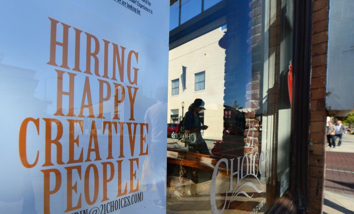 A shopfront window in Pasadena offers jobs, but only if you're happy and creative, which for is a pretty high bar for some.