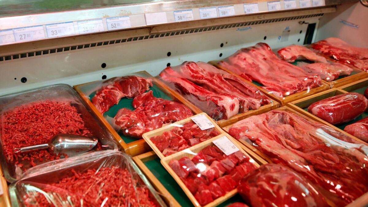 Domestically produced Chinese beef is for sale at a supermarket in Beijing on May 12.