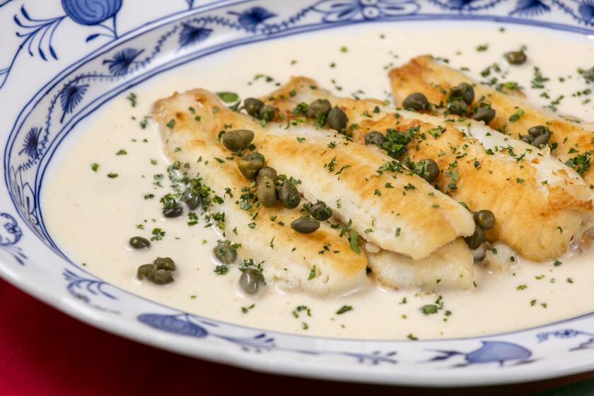 CULVER CITY, CALIFORNIA - June 7, 2019: A plate of sand dabs in lemon caper-butter sauce at Dear John's, on Friday, June 7, 2019, at the resurrected iconic restaurant in Culver City. (Silvia Razgova / For The Times) 3081628_la-fo-dear-johns-addison