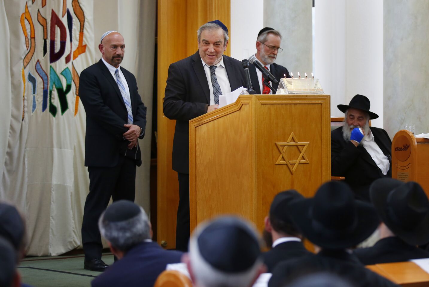 Howard Kaye speaks about his wife Lori Gilbert-Kaye, 60, during a service for her at the Chabad of Poway on April 28, 2019 in Poway, California. Gilbert-Kaye was killed by a gunman at the synagogue.