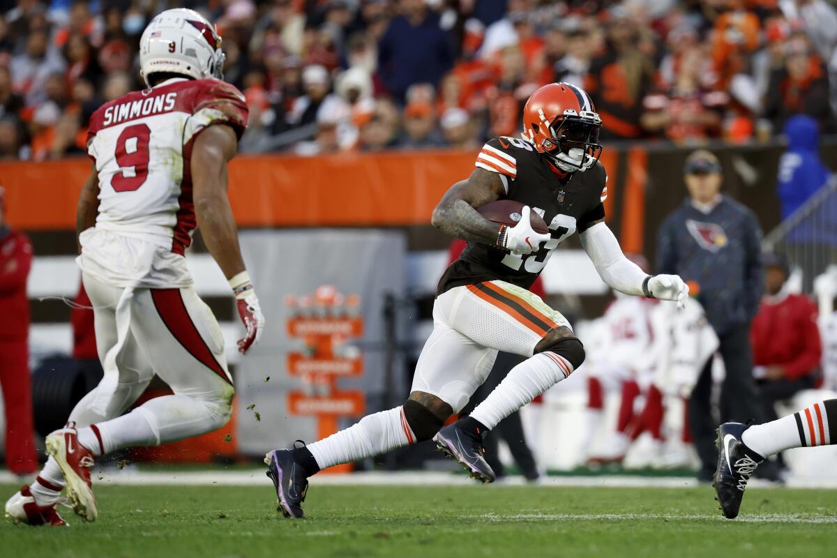 Cleveland Browns wide receiver Odell Beckham Jr. runs with the ball.