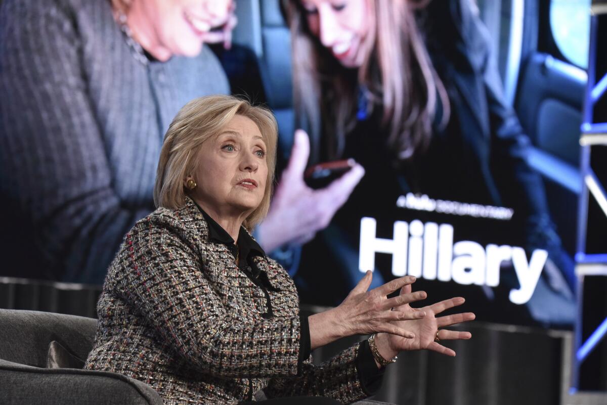 Hillary Clinton participates in the panel for "Hillary" during the Winter 2020 Television Critics Assn. press tour in January in Pasadena.