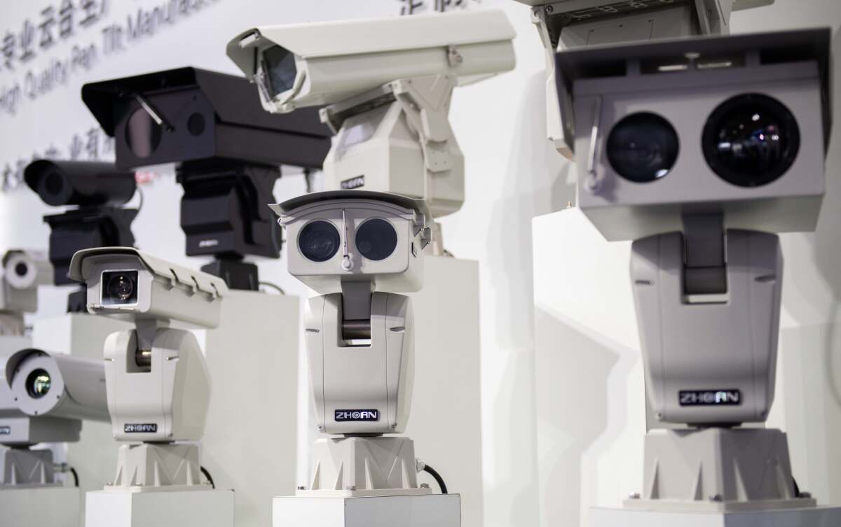 Cameras using facial recognition technology are displayed at a conference on security in Beijing in 2018. 