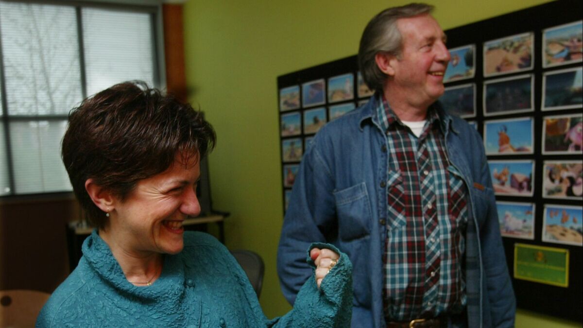 Bud Luckey, right, and Pixar producer Osnat Shurer during an interview about Luckey's Oscar nominiation for "Boundin'."