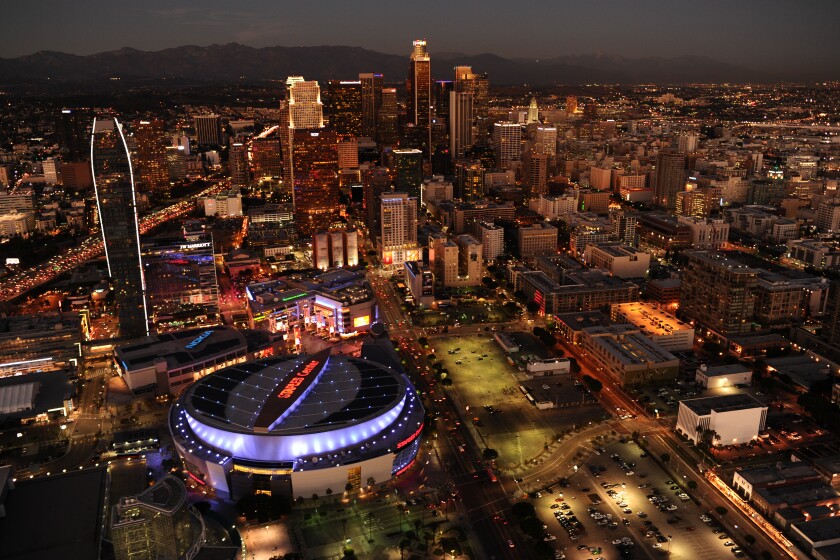 GRIFFITH PARK, CA NOVEMBER 4, 2014 -- Aerial view of the downtown Los Angeles skyline with Staples Center and LA Live foreground left. taken on November 4, 2014. (Wally Skalij / Los Angeles Times)