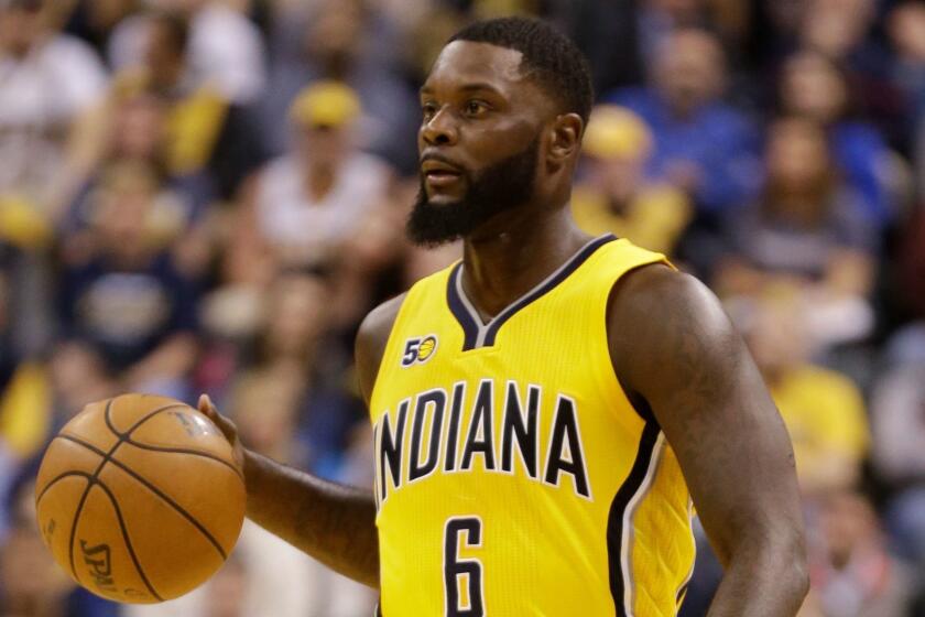 Indiana Pacers guard Lance Stephenson (6) plays against the Toronto Raptors during the second half of an NBA basketball game in Indianapolis, Tuesday, April 4, 2017. The Pacers defeated the Raptors 108-90. (AP Photo/Michael Conroy)