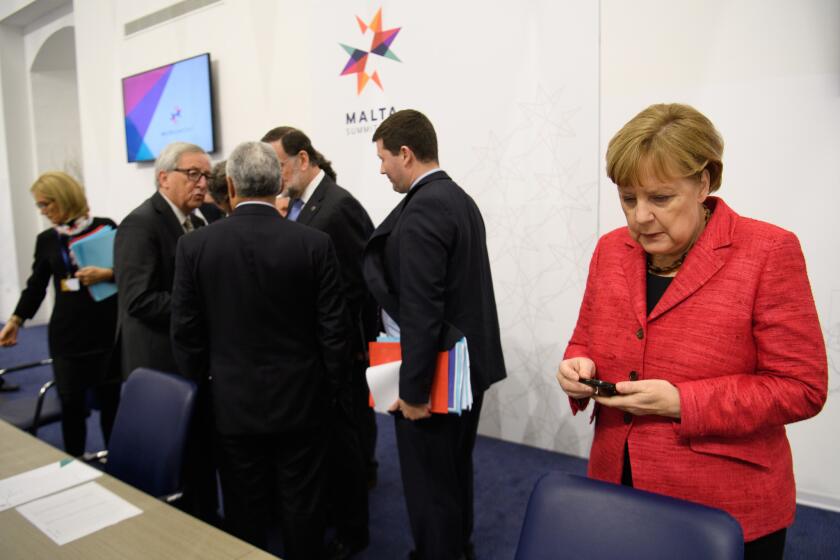 German Chancellor Angela Merkel attends a round table meeting at the EU Informal Summit in Valletta, Malta.