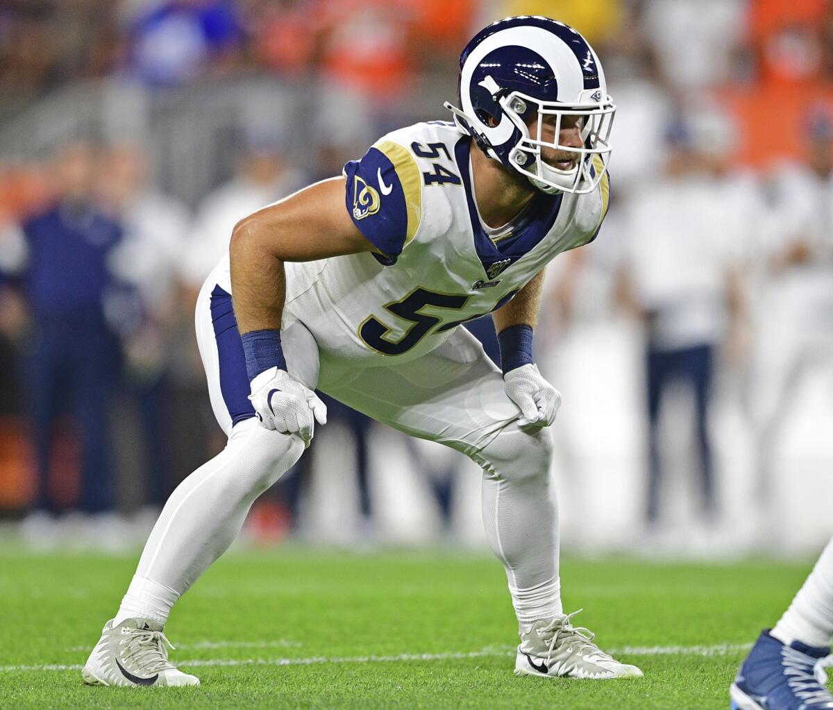 Los Angeles Rams linebacker Bryce Hager waits for the snap of the ball during the first half of an NFL football game against the Cleveland Browns, Sunday, Sept. 22, 2019, in Cleveland. The Rams won 20-13. (AP Photo/David Dermer)