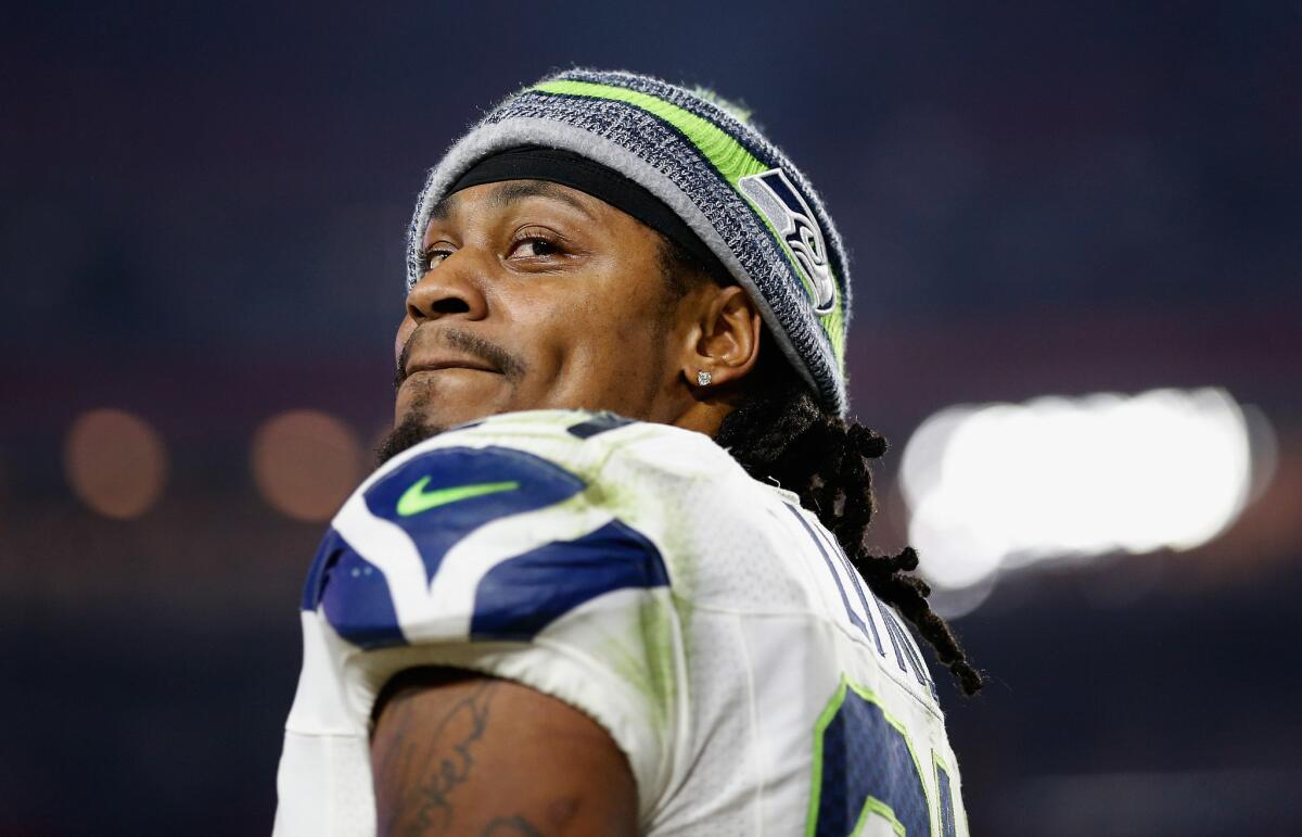 Seattle running back Marshawn Lynch on the sidelines during the Seahawks' game against the Arizona Cardinals.