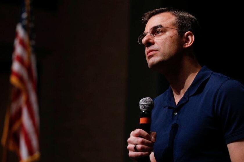 GRAND RAPIDS, MI - MAY 28: U.S. Rep. Justin Amash (R-MI) holds a Town Hall Meeting on May 28, 2019 in Grand Rapids, Michigan. Amash was the first Republican member of Congress to say that President Donald Trump engaged in impeachable conduct. (Photo by Bill Pugliano/Getty Images) ** OUTS - ELSENT, FPG, CM - OUTS * NM, PH, VA if sourced by CT, LA or MoD **