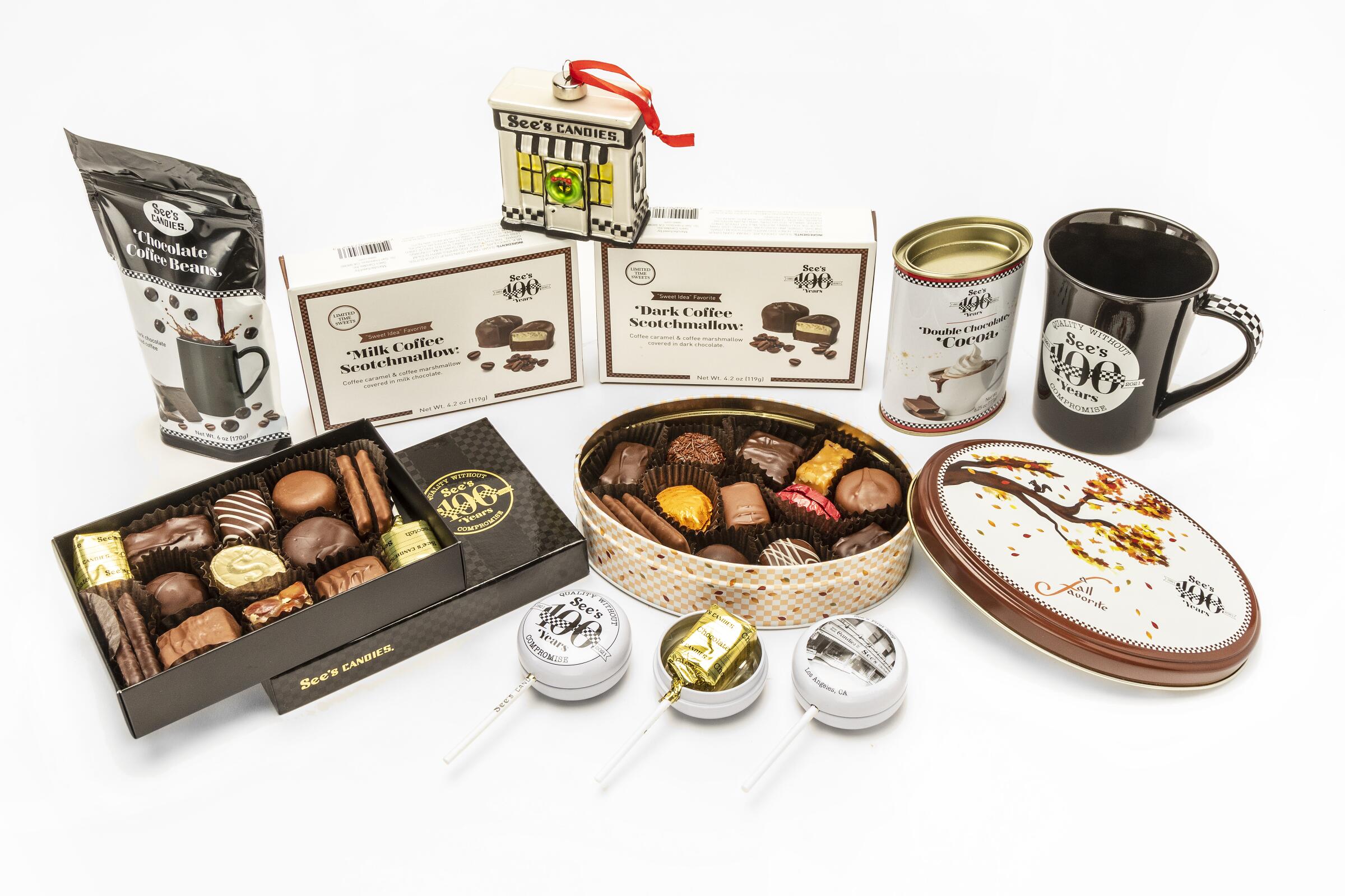 Containers of chocolates and other products commemorate See's Candies' 100 years