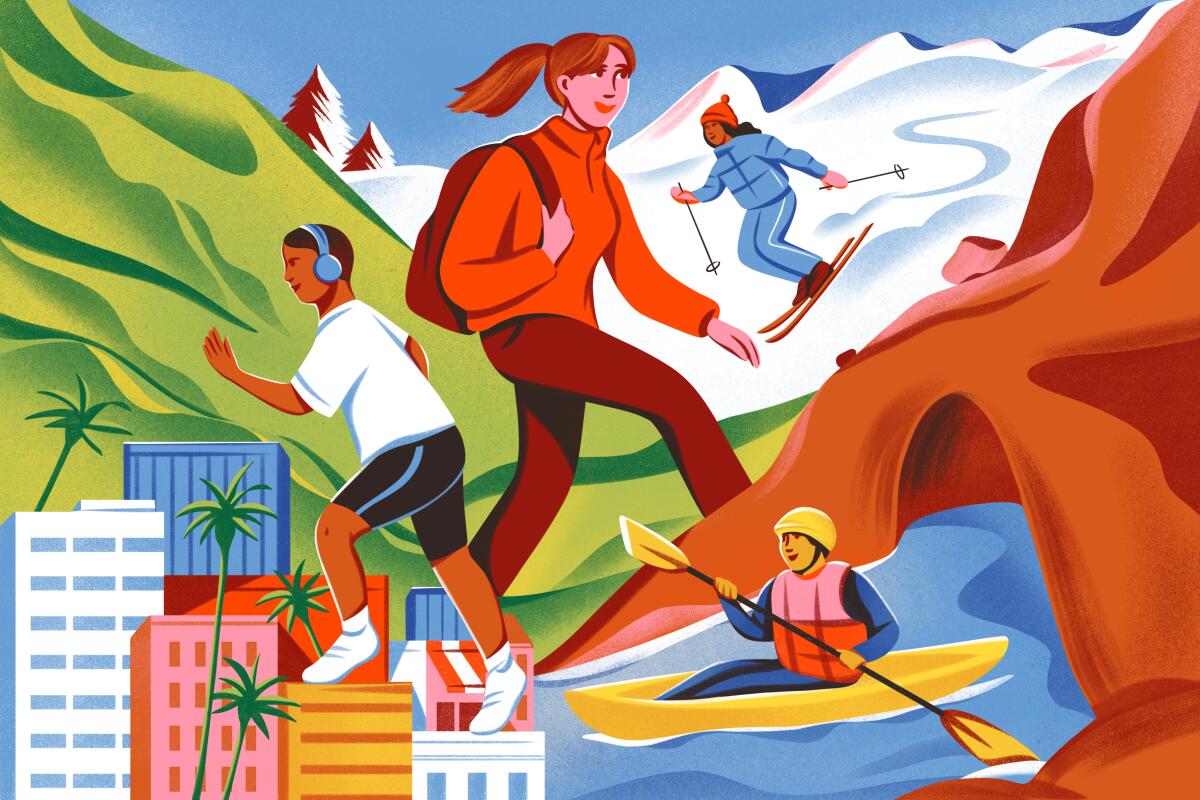An illustration of kayaking, hiking, skiing and urban walking
