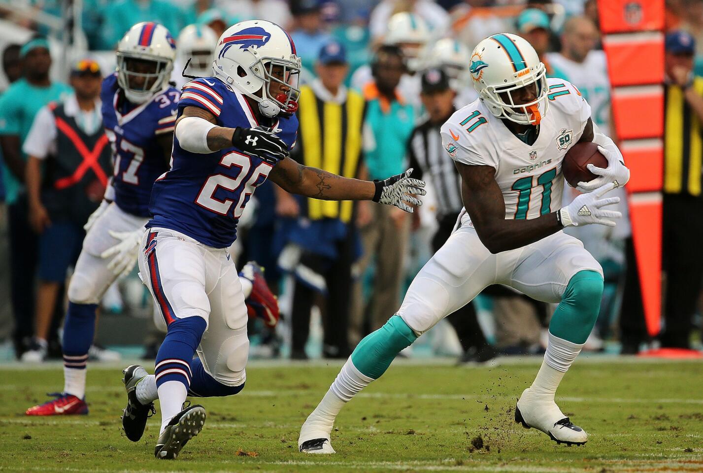 The Dolphins’ 2015 first-round pick caught three passes for 46 yards against Buffalo. Considering Greg Jennings, the Dolphins’ veteran starter, dropped two passes early in the game Sunday, the Dolphins might need to open up the competition for the starting split end spot. At this point Jennings should be considered a progress-stopper. -- OK