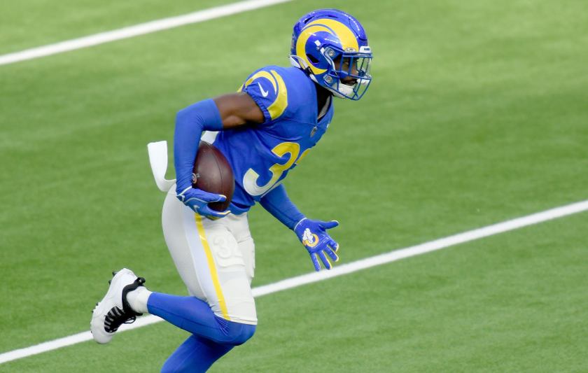 Rams safety Jordan Fuller warms up before a game against the Seattle Seahawks on Nov. 15.