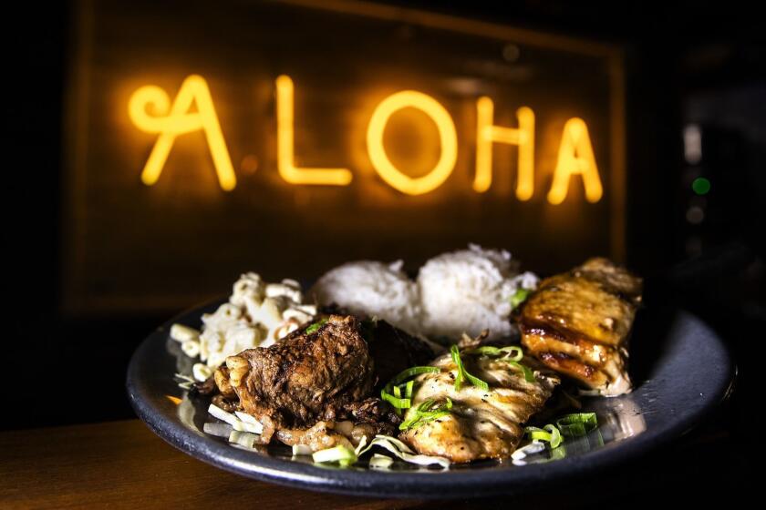 LAHAINA, HAWAII-MARCH 21, 2019: Aloha Mixed Plate, $18, with shoyu chicken, teriyaki beef & fresh fish, white rice, and mac salad is on the menu at Aloha Mixed Plate in Lahaina, Hawaii. (Mel Melcon/Los Angeles Times)