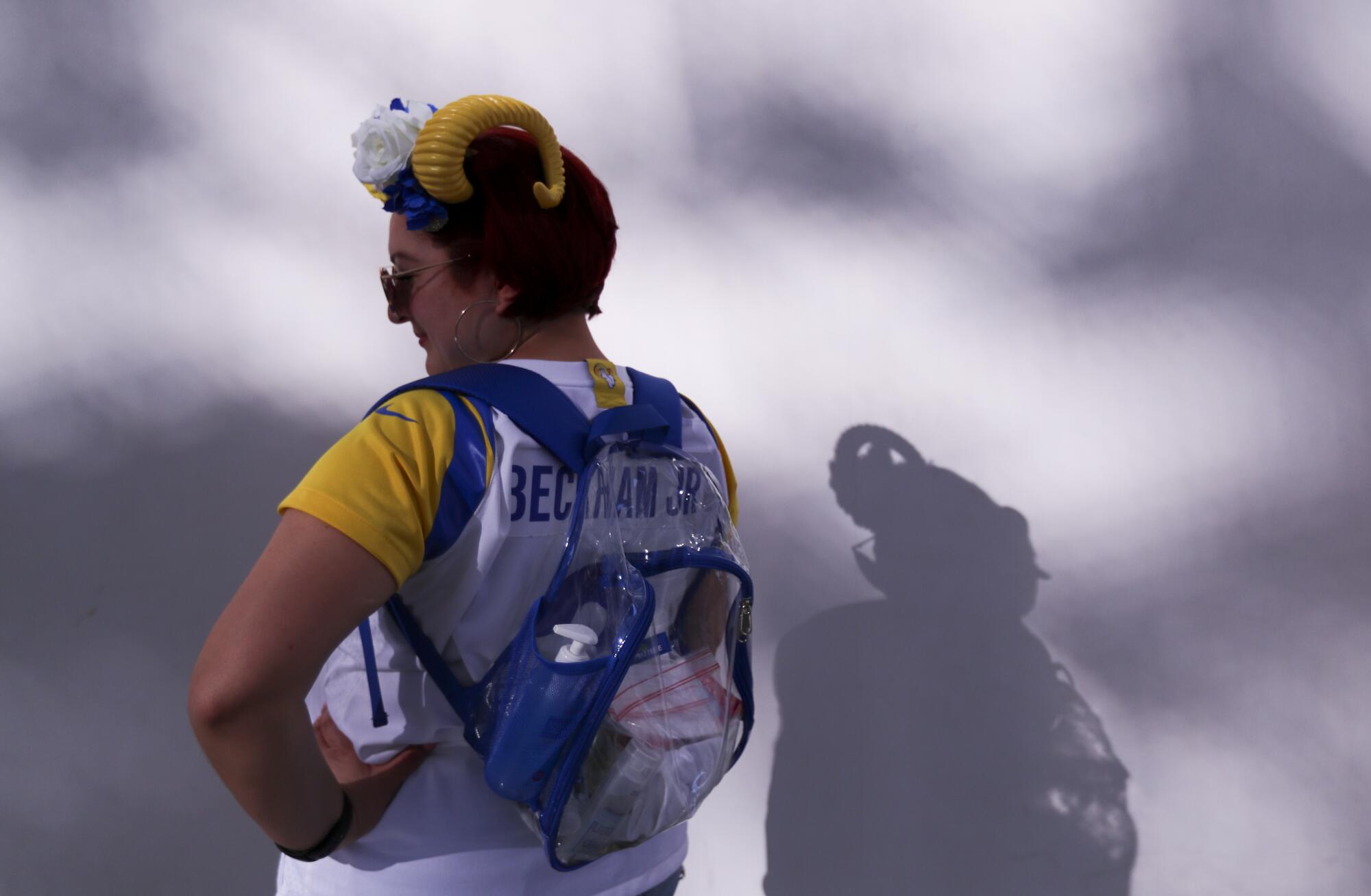 Kathleen Gomez, of East LA, poses for a photo before the Super Bowl LVI.