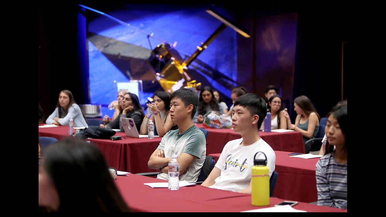 La Canada High School students participate in the JPL Space Academy, at JPL in Pasadena on Friday, Sept. 14, 2018. The 10-week course will give them a chance to work in different job fields like marketing, media, business and communications in addition to STEM fields. The class will also include students from other schools, including some from La Canada Flintridge sister city Villanueva de la Canada, Spain.