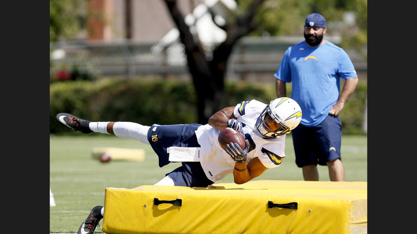 Los Angeles Chargers wide receiver No. 16 Tyrell Williams goes through some drills during training camp at Jack R. Hammett Sports Complex in Costa Mesa on Friday, Aug. 4, 2017.