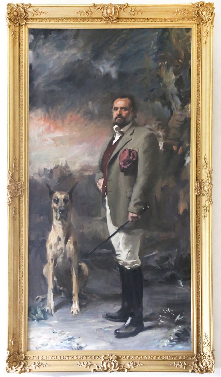 An oil painting of a man with a large dog at his side.
