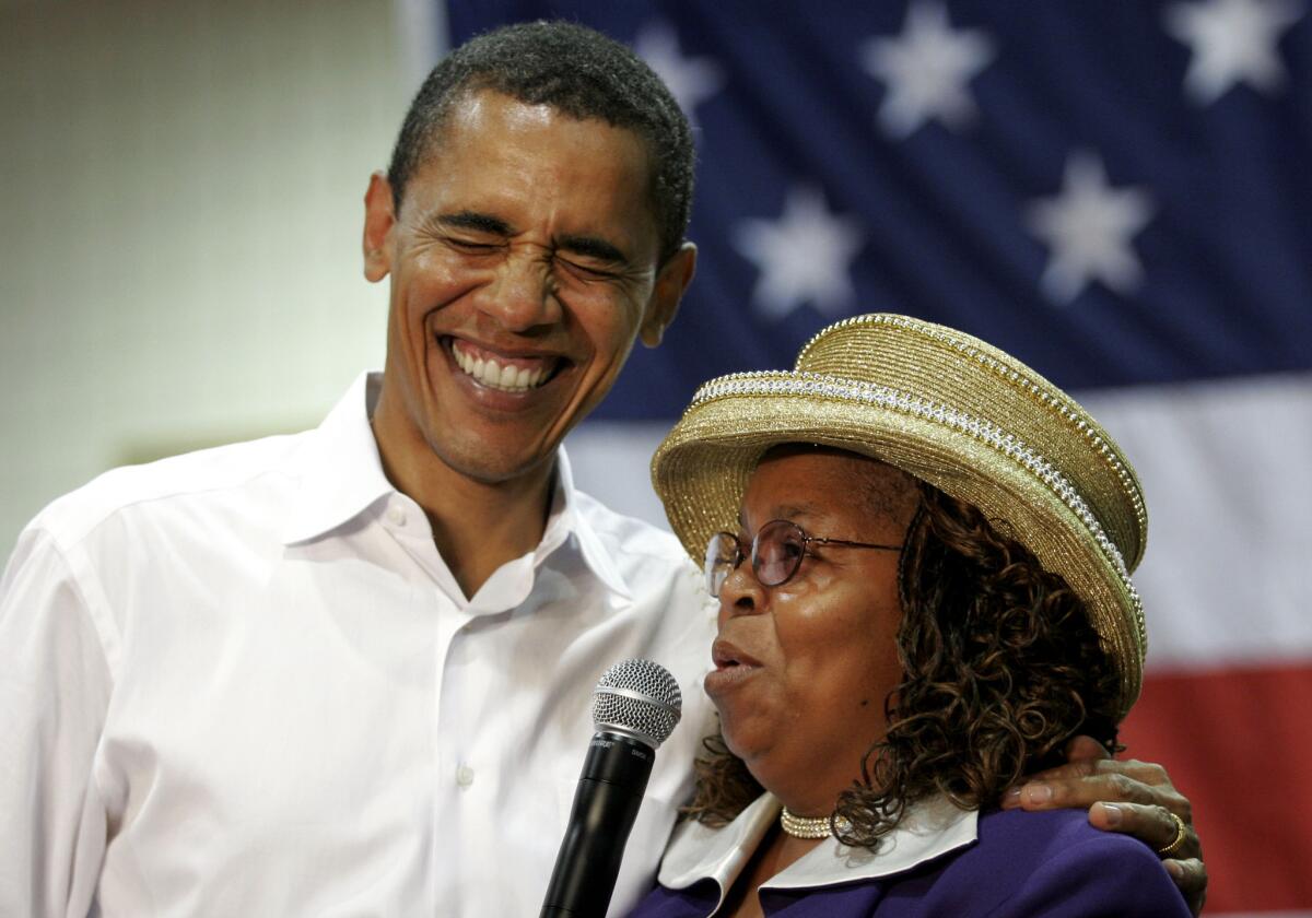 Barack Obama with Greenwood County Councilwoman Edith Childs in South Carolina in 2007. Childs, whose "Fired up! Ready to go!" chant became a camapign staple, will attend Obama's final State of the Union address Tuesday.