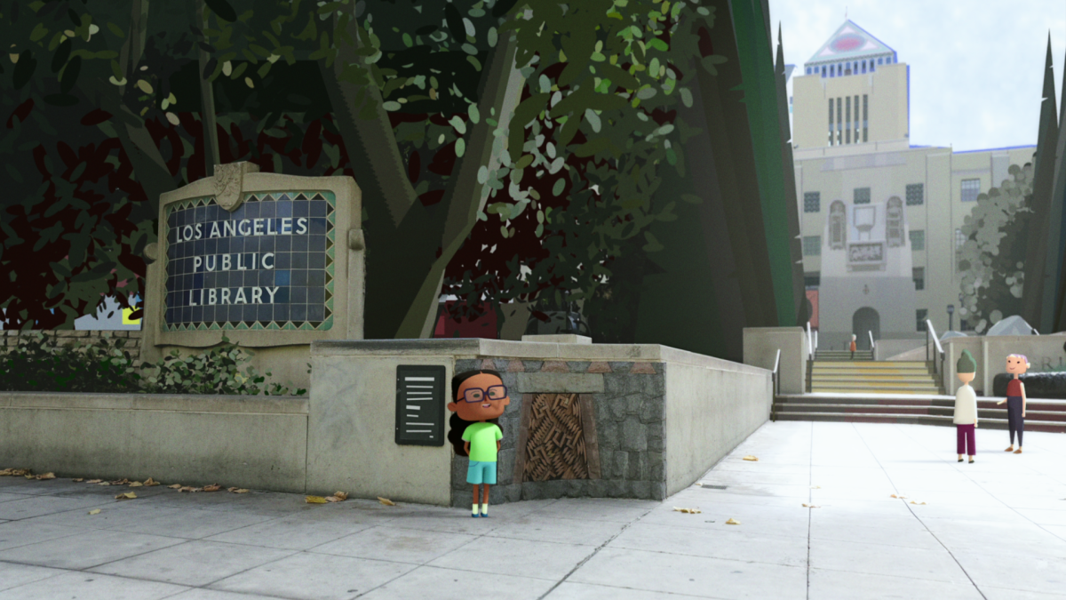 A girl stands under a tree near a library sign