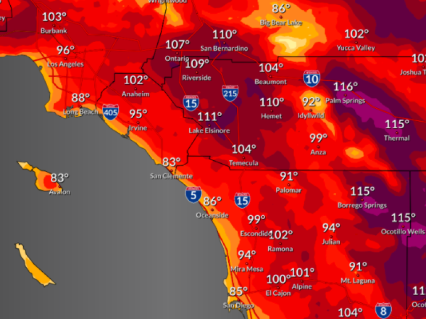 San Diego County heat wave will peak Tuesday with valleys in low 100s