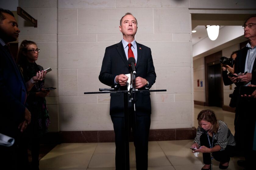 Mandatory Credit: Photo by SHAWN THEW/EPA-EFE/REX (10439003e) Democratic Representative from California and Chairman of the Permanent Select Committee on Intelligence Adam Schiff (L) delivers remarks to reporters at the US Capitol on Capitol Hill in Washington, DC, USA, 08 October 2019. Gordon Sondland, the United States ambassador to the European Union, was directed not to speak to investigators of three House committees conducting an impeachment inquiry centered on US President Donald J. Trump, according to media reports. Adam Schiff at US Capitol, Washington, USA - 08 Oct 2019 ** Usable by LA, CT and MoD ONLY **