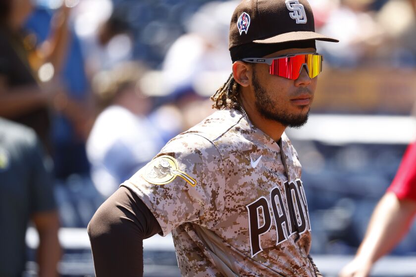 SAN DIEGO, CA - SEPTEMBER 11: San Diego Padres catcher Luis Campusano looks on during a game against the Los Angeles Dodgers at Petco Park on Sunday, September 11, 2022. (K.C. Alfred / The San Diego Union-Tribune)