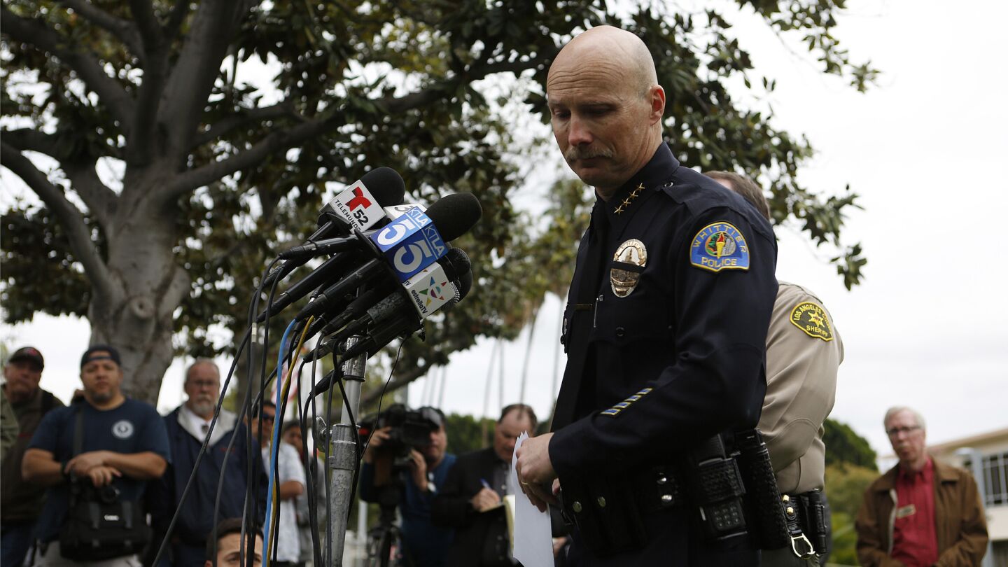 Whittier Police Department Chief Jeff A. Piper pauses while speaking at a press conference about the death of Officer Keith Boyer.
