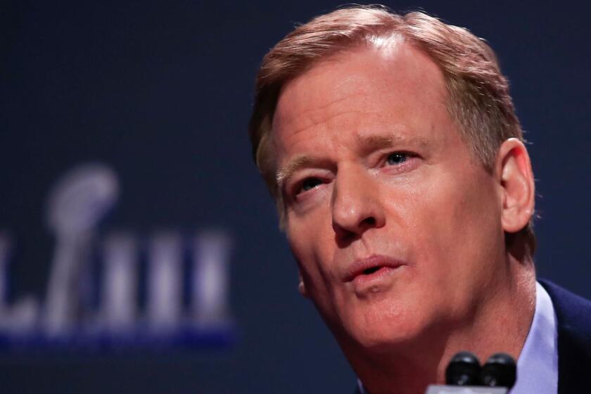 Mandatory Credit: Photo by TANNEN MAURY/EPA-EFE/REX (10077212as) National Football League Commissioner Roger Goodell listens to a question at his annual Super Bowl news conference at the Georgia World Congress Center in Atlanta, Georgia, USA, 30 January 2019. The AFC Champion New England Patriots and the NFC Champion Los Angeles Rams will face off in Super Bowl LIII at Mercedes-Benz Stadium on 03 February. Super Bowl LIII, Atlanta, USA - 30 Jan 2019 ** Usable by LA, CT and MoD ONLY **