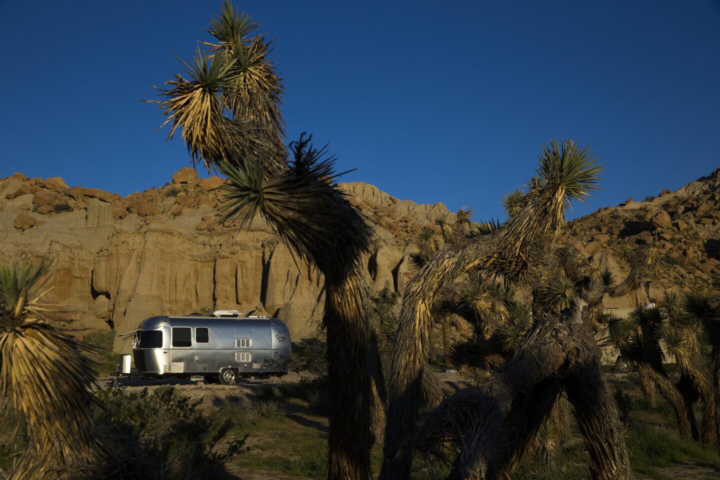 Charles and Julie Fleming camp in an Airstream Bambi Sport at the Red Rocks Canyon Ricardo campground in Red Rocks Canyon State Park near Mojave.