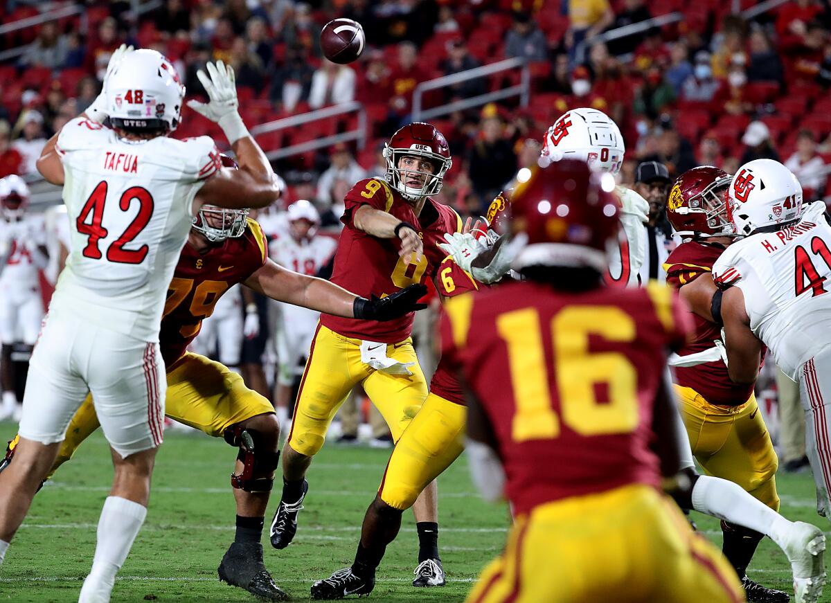 USC quarterback Kedon Slovis throws a pass during a loss to Utah on Oct. 9.