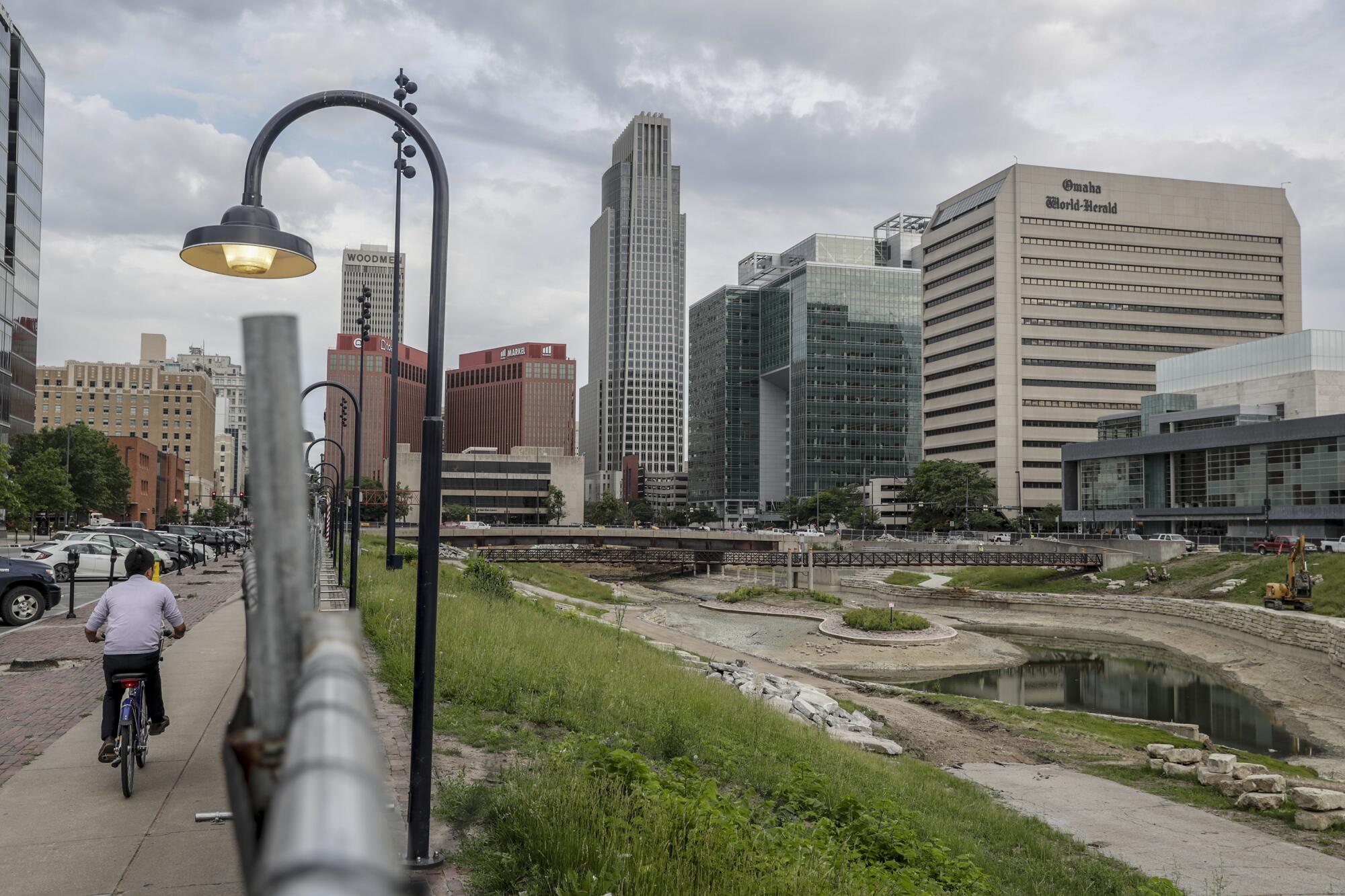 Downtown Omaha where a city center park and lagoon known as Gene Leahy Mall is under reconstruction. 