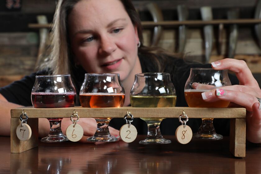 Katie Fallon, a barmaid at Twisted Horn Mead & Cider, inspects a just poured "flight" of four samples of the company's products.