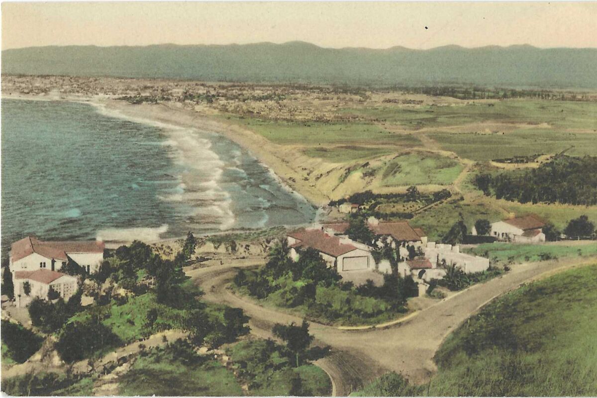 Houses on a bluff above the ocean, with sand and surf stretching into the distance