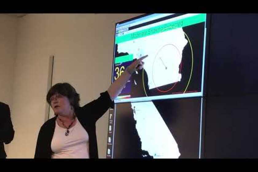 Seismologist Lucy Jones shows a simulated earthquake early warning