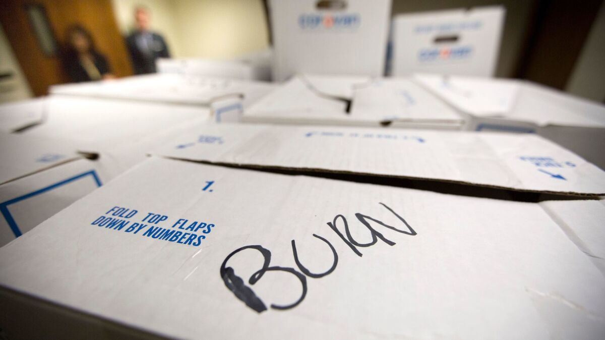 Boxes of files belonging to former L.A. City Councilman Tom LaBonge, marked for destruction, were made available to the public at Los Angeles City Hall in 2016.