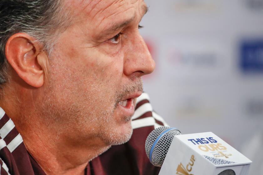 Mexico head coach Gerardo Martino speaks during a press conference before a training session at Soldier Field on July 6, 2019 in Chicago, Illinois, a day before the 2019 Concacaf Gold Cup final between Mexico and United States. (Photo by KAMIL KRZACZYNSKI / AFP)KAMIL KRZACZYNSKI/AFP/Getty Images ** OUTS - ELSENT, FPG, CM - OUTS * NM, PH, VA if sourced by CT, LA or MoD **