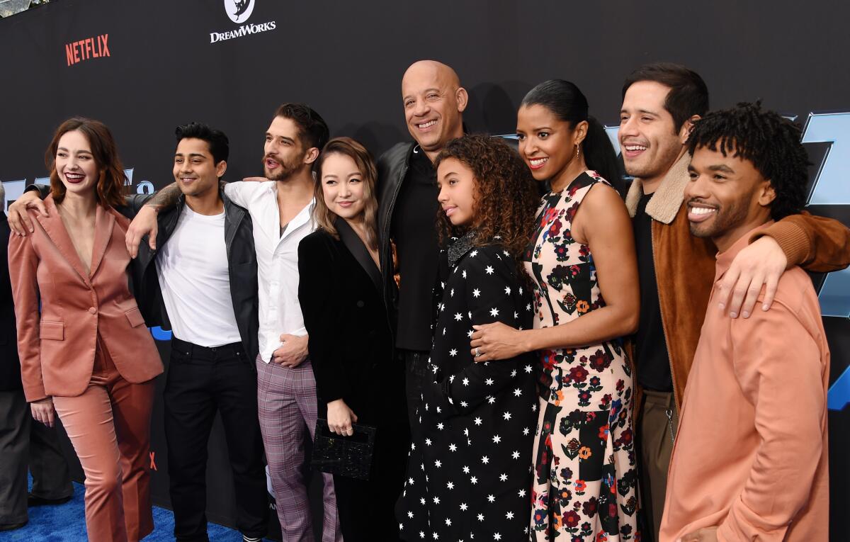 Camille Ramsey, Manish Dayal,Tyler Posey, Charlet Chung, Vin Diesel, Similce Diesel, Renée Elise Goldsberry, Jorge Diaz and Luke Youngblood attend "Fast & Furious: Spy Racers" World Premiere at Universal CityWalk.