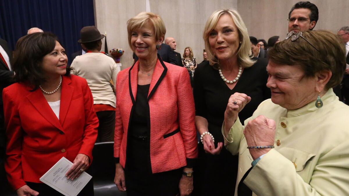 Los Angeles supervisors Hilda Solis, Janice Hahn, Kathryn Barger and Sheila Kuehl after Barger was sworn in to the Los Angeles County Board of Supervisors in 2016.