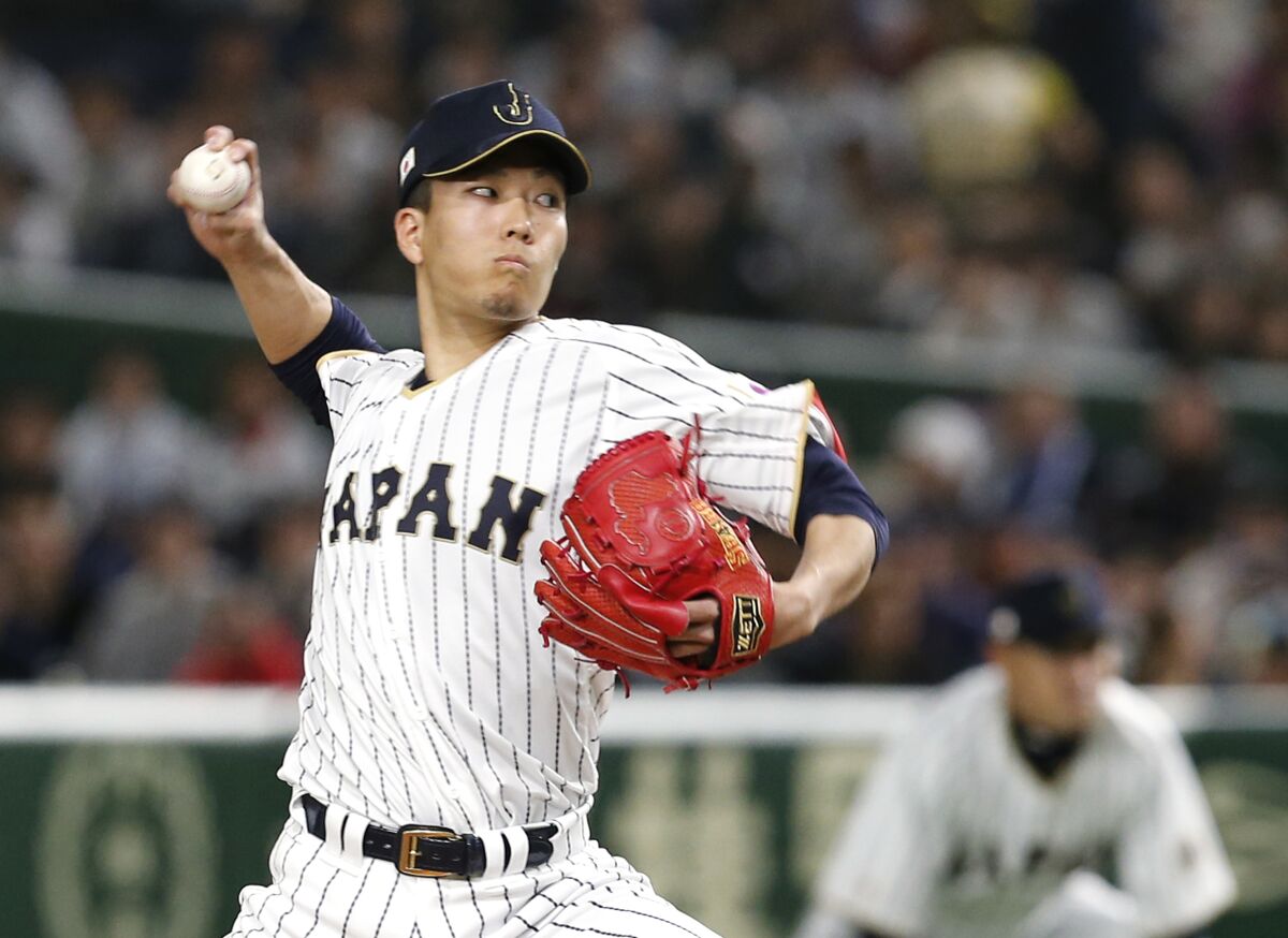 Japan's Kodai Senga pitches against Israel during the World Baseball Classic in Tokyo in 2017.