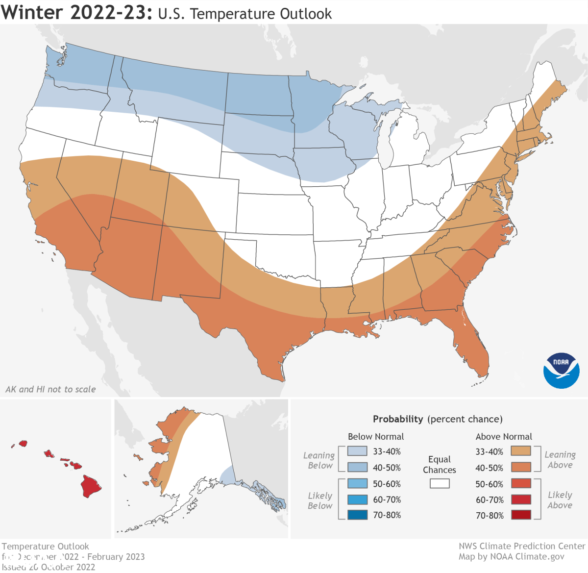 A map shows chances for warmer-than-average conditions in the Southwest and other parts of the U.S. 