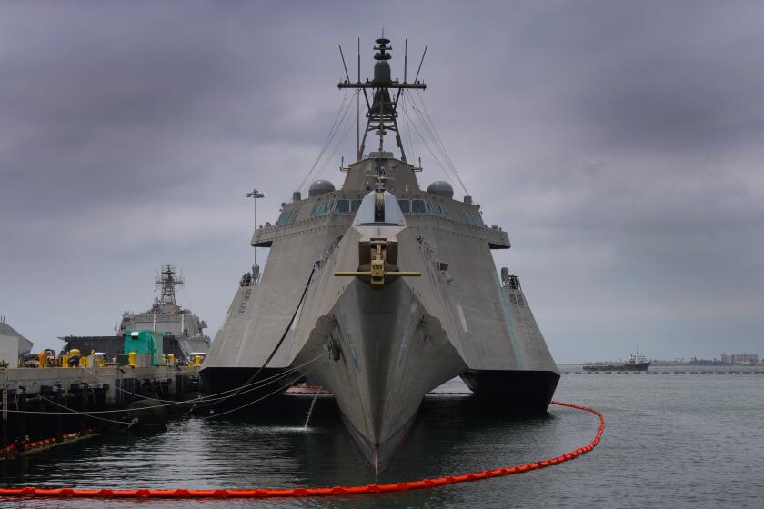 The USS Jackson (LCS 6) on Friday, May 12, 2023 in San Diego, CA, sits tied up pier side at Naval Base San Diego. 