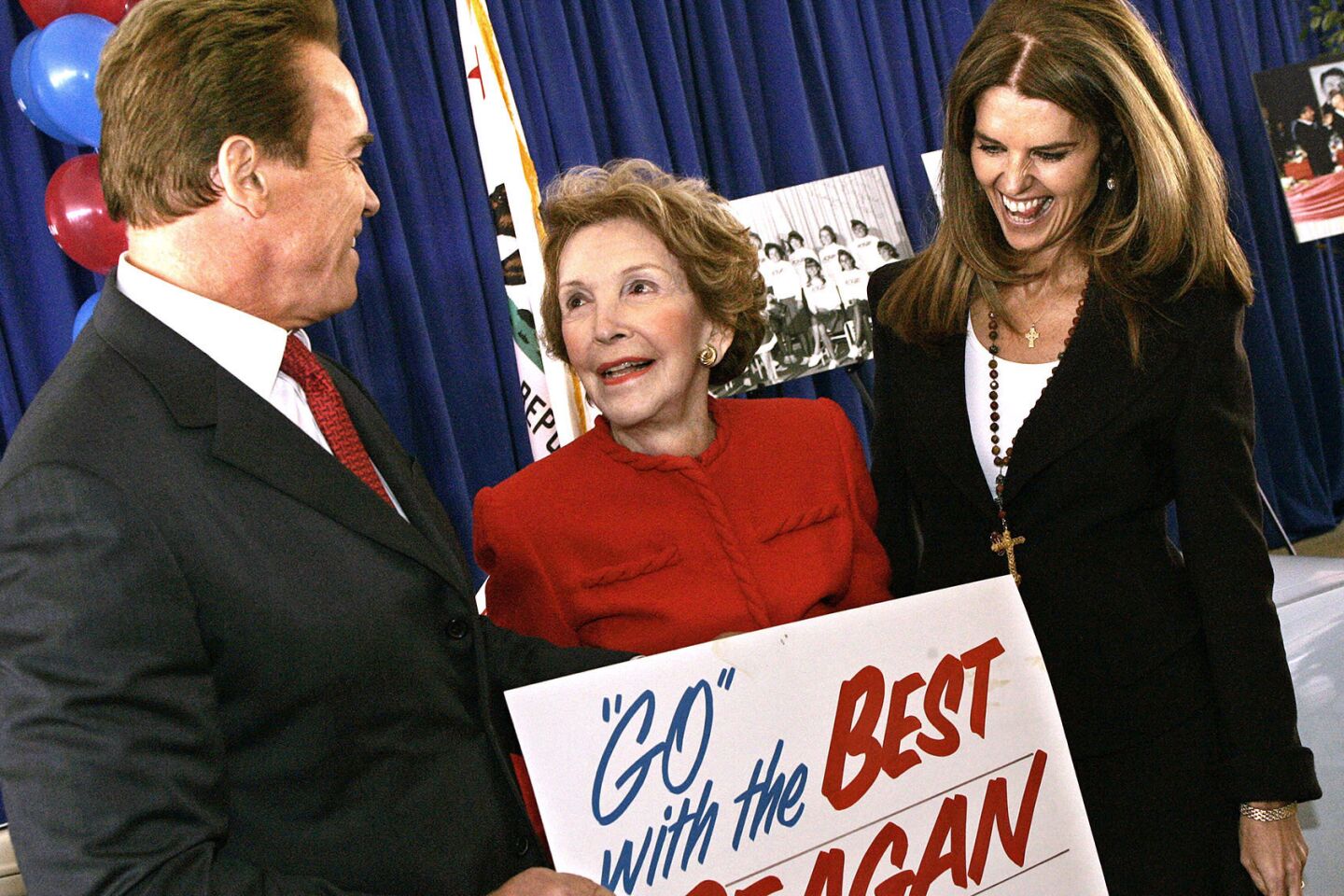 Gov. Arnold Schwarzenegger and his wife, Maria Shriver, with Nancy Reagan at a ceremony commemorating the 40th anniversary of Ronald Reagan's first gubernatorial win.