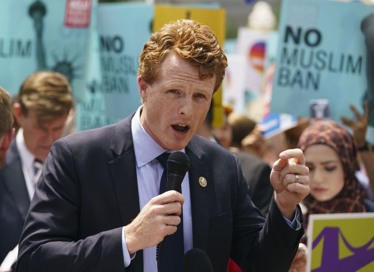 Rep. Joe Kennedy (D-Mass.) speaks in front of the Supreme Court building in Washington in 2018.