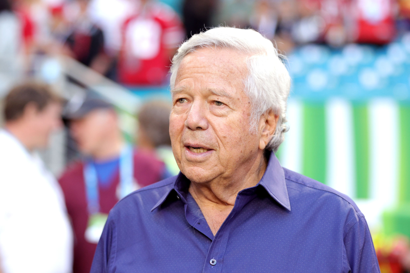 New England Patriots owner Robert Kraft looks on prior to Super Bowl LIV.