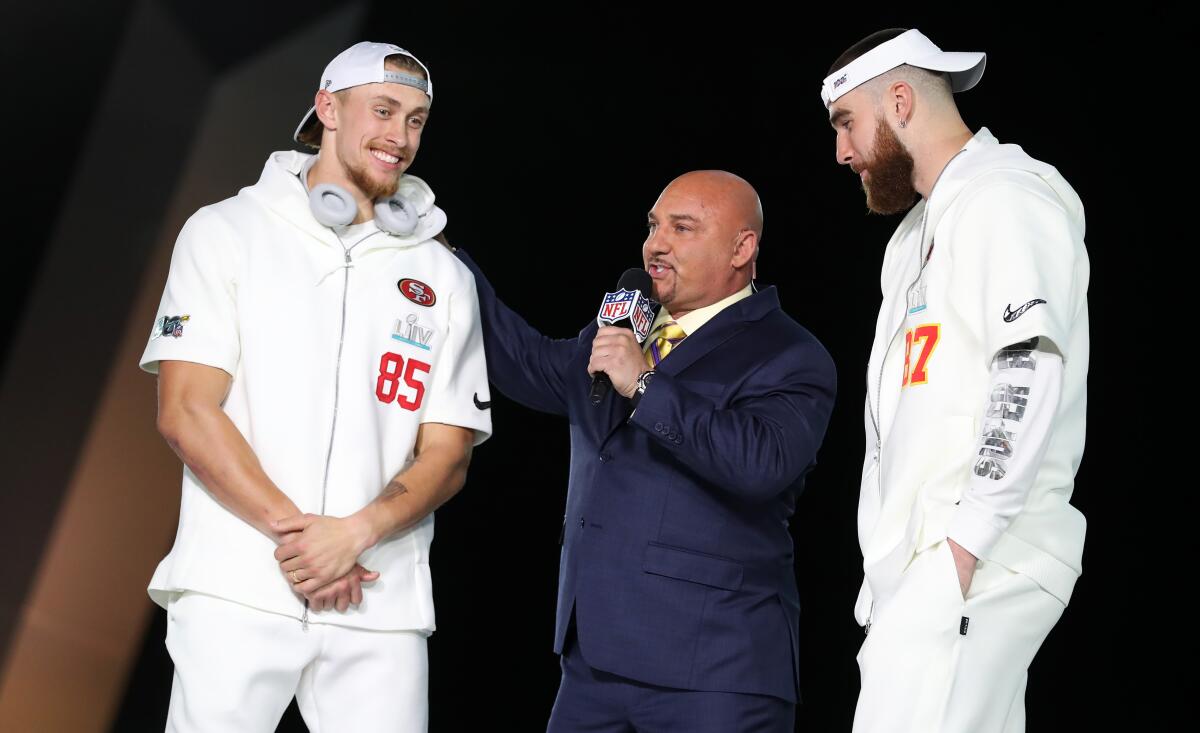 San Francisco 49ers tight end George Kittle, left, and Kansas City Chiefs tight end Travis Kelce speak with Fox Sports' Jay Glazer.